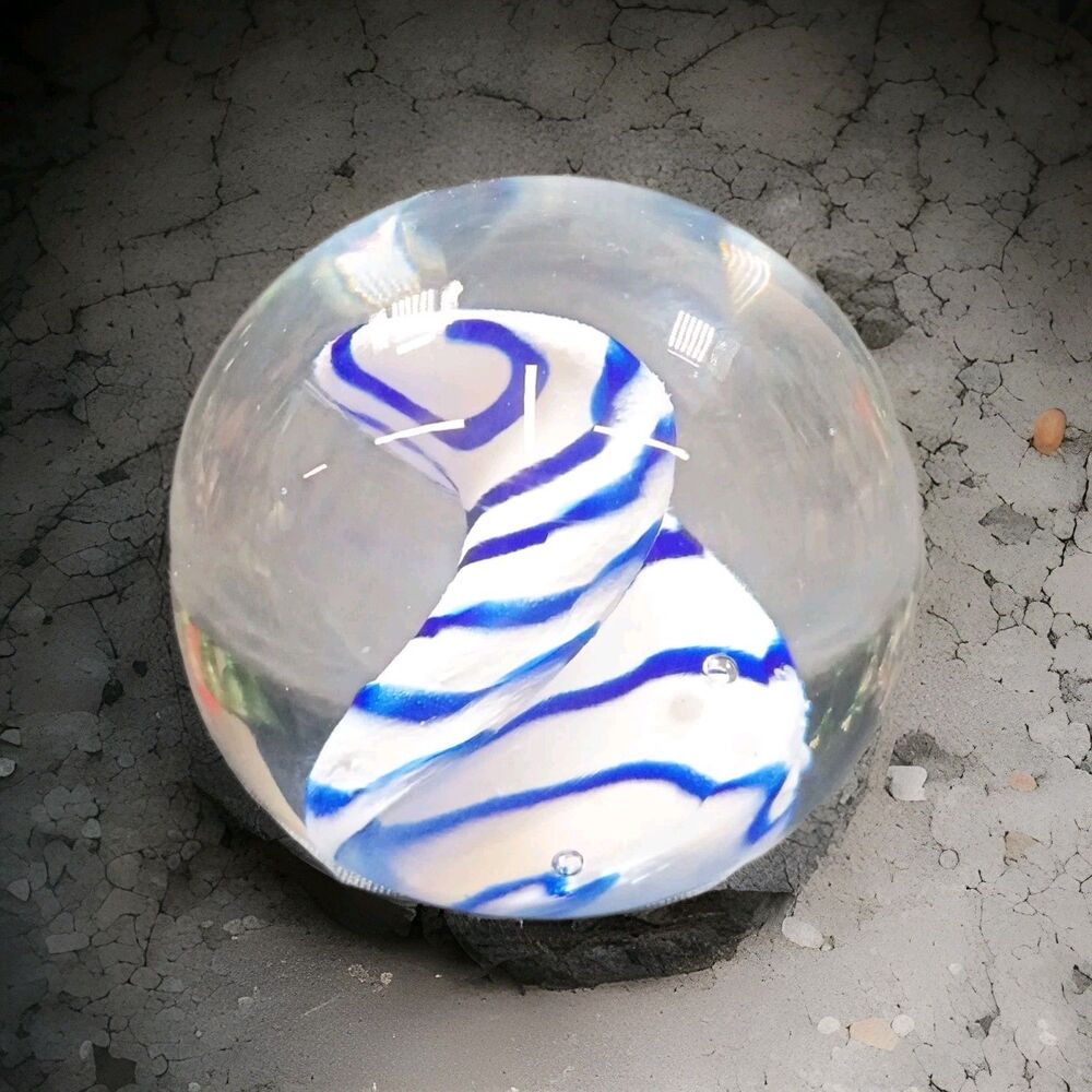 Art Glass Paperweight Clear Blue Swirls Hand Blown 2.5”